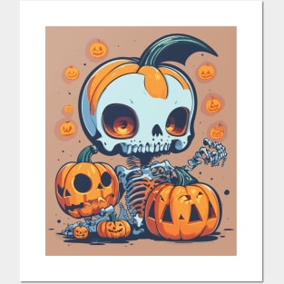 Halloween funny skeleton and orange pumpkin friends Posters and Art